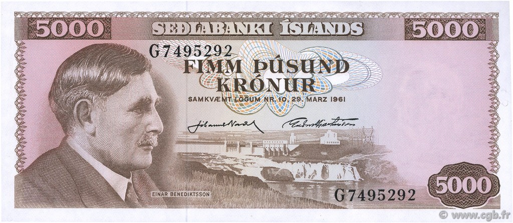 5000 Kronur ICELAND  1961 P.47a UNC