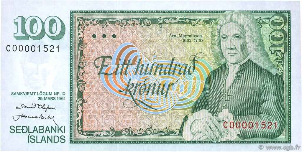 100 Kronur ICELAND  1961 P.50a UNC