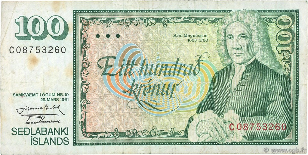 100 Kronur ISLANDIA  1961 P.50a BC+