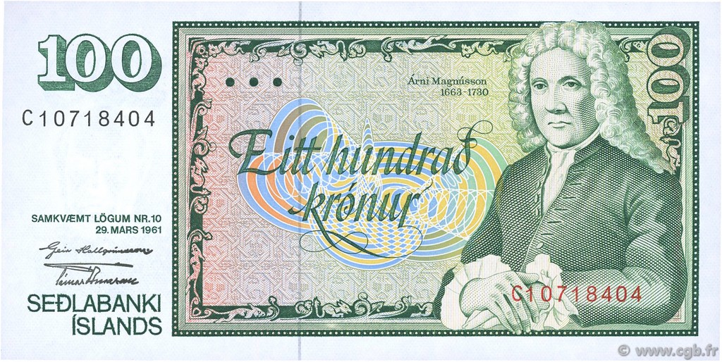 100 Kronur ISLANDIA  1961 P.50a FDC