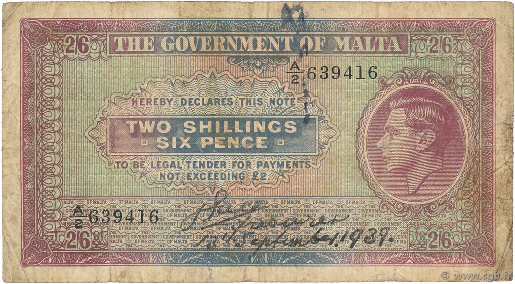 2 Shillings 6 Pence MALTE  1939 P.11 pr.TB