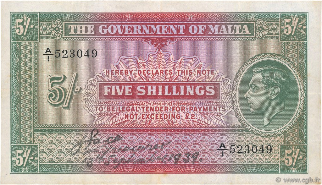 5 Shillings MALTE  1939 P.12 VF