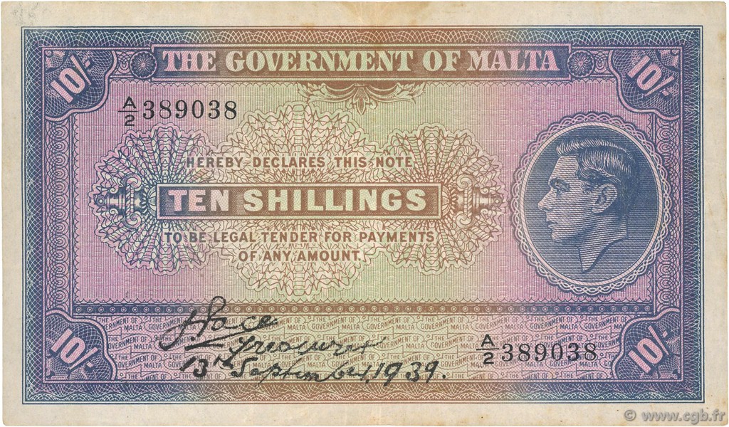10 Shillings MALTE  1939 P.13 VF