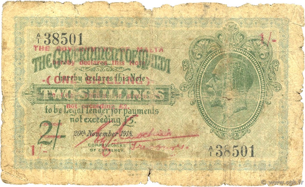 1 Shilling sur 2 Shillings MALTA  1940 P.15 P
