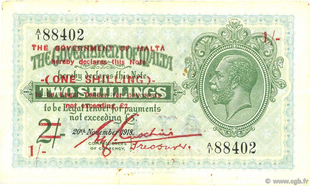 1 Shilling sur 2 Shillings MALTE  1940 P.15 BB