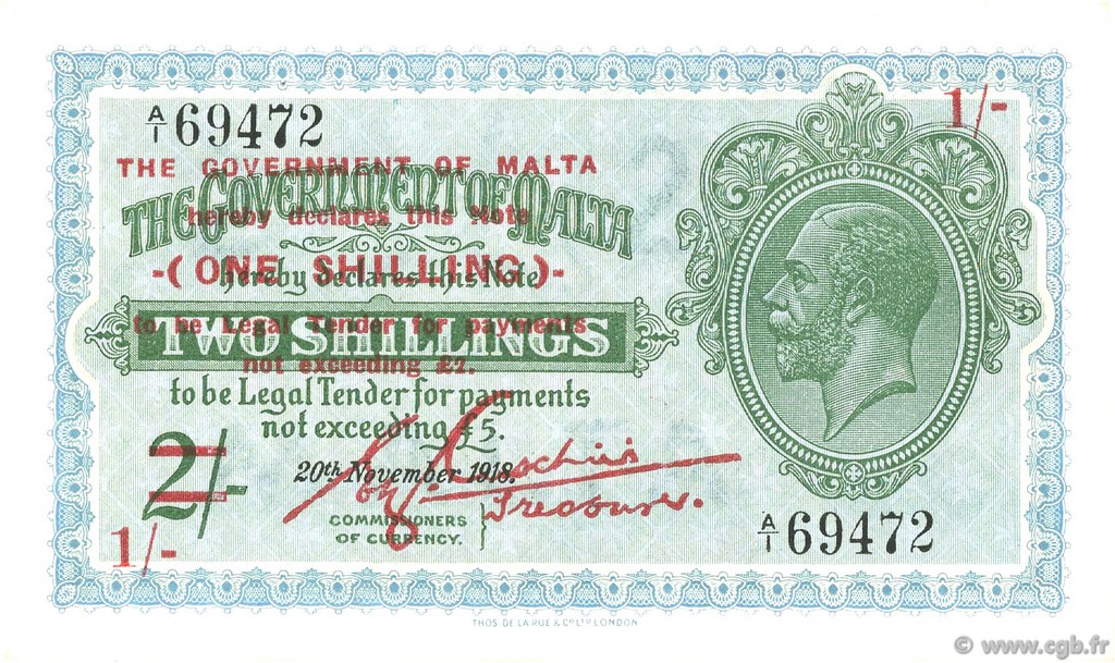 1 Shilling sur 2 Shillings MALTE  1940 P.15 EBC