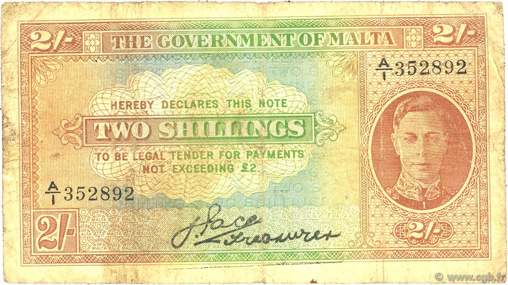 2 Shillings MALTE  1942 P.17a MB