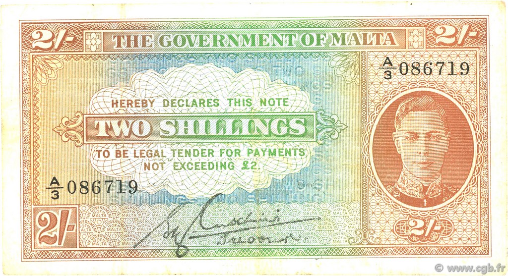 2 Shillings MALTE  1942 P.17c q.BB