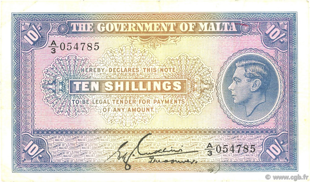 10 Shillings MALTE  1940 P.19 VF
