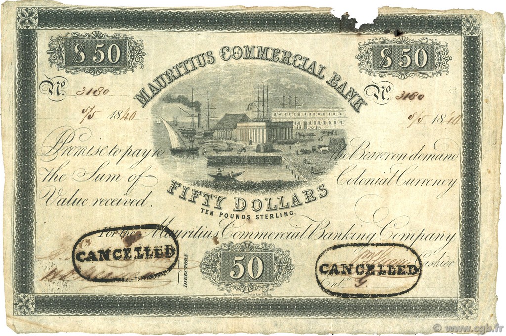 50 Dollars MAURITIUS  1840 PS.126 VF
