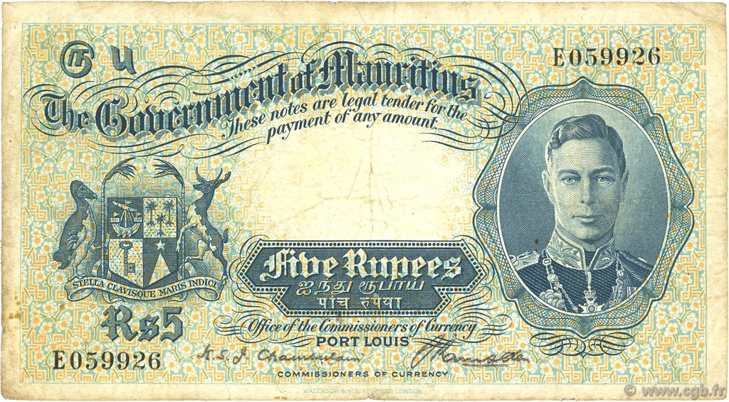 5 Rupees ISOLE MAURIZIE  1937 P.22 MB