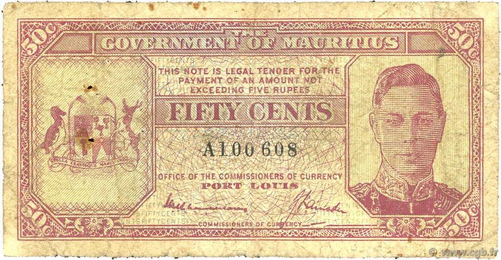 50 Cents MAURITIUS  1940 P.25a fS
