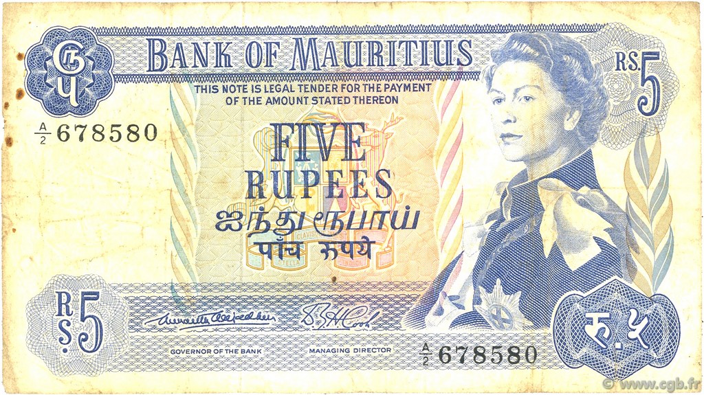 5 Rupees ISOLE MAURIZIE  1967 P.30a MB
