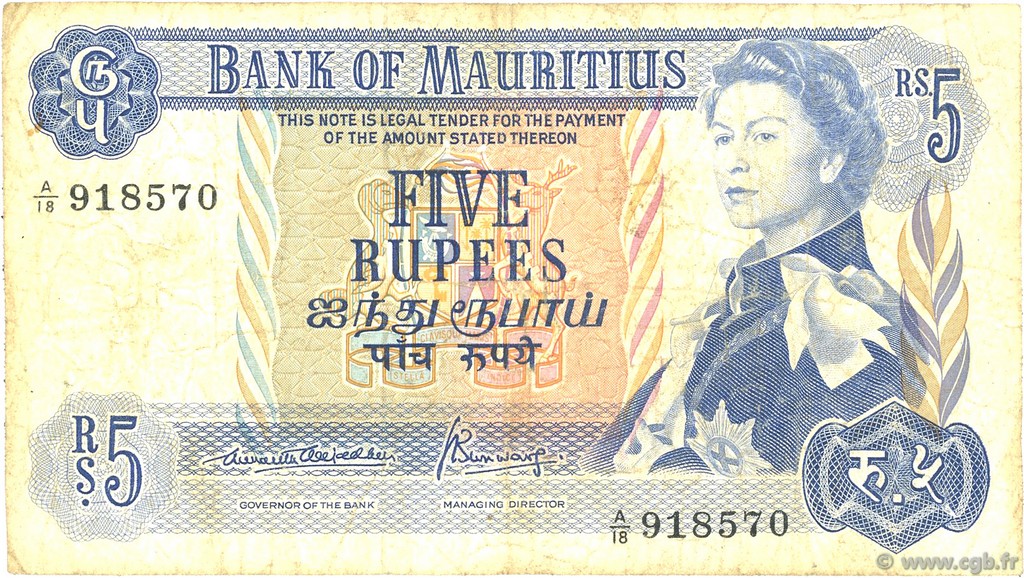 5 Rupees MAURITIUS  1967 P.30b VG
