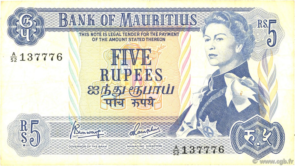 5 Rupees MAURITIUS  1967 P.30c F+
