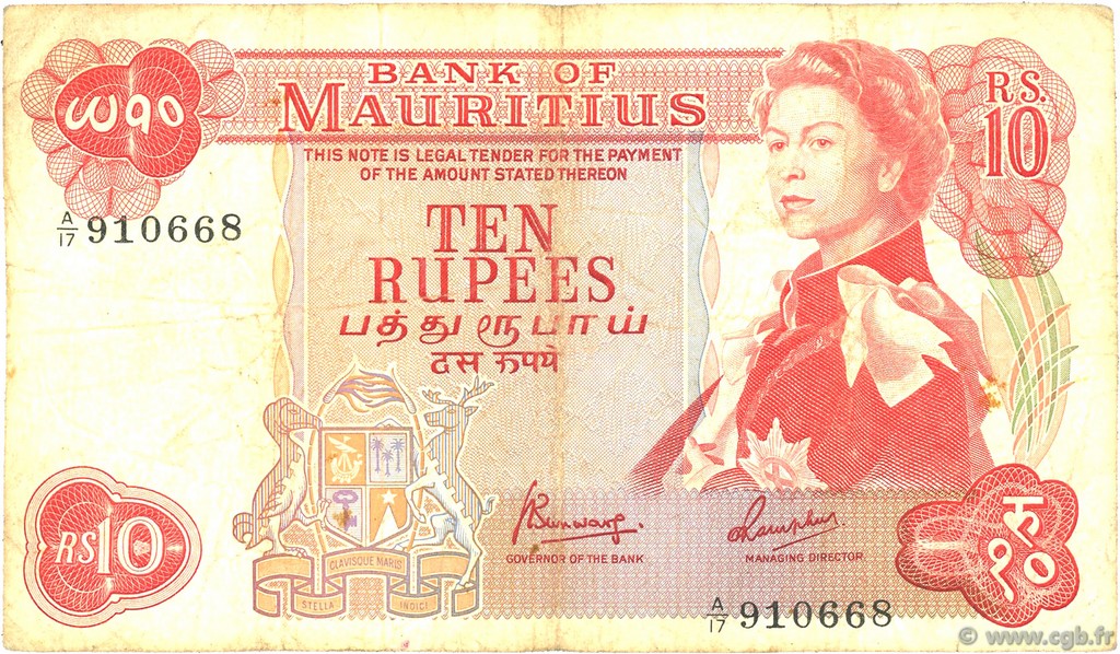 10 Rupees MAURITIUS  1967 P.31c fSS