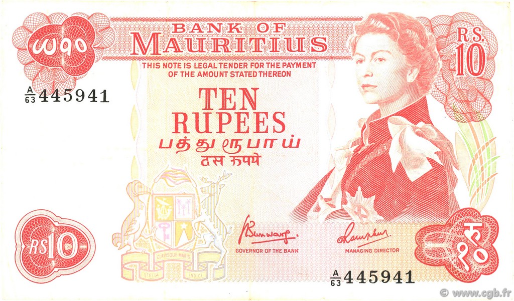 10 Rupees MAURITIUS  1967 P.31c VF