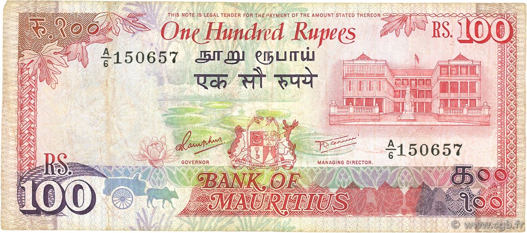 100 Rupees MAURITIUS  1986 P.38 F+