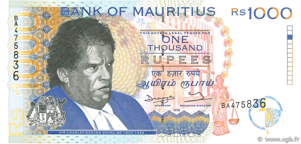 1000 Rupees MAURITIUS  1998 P.47 UNC