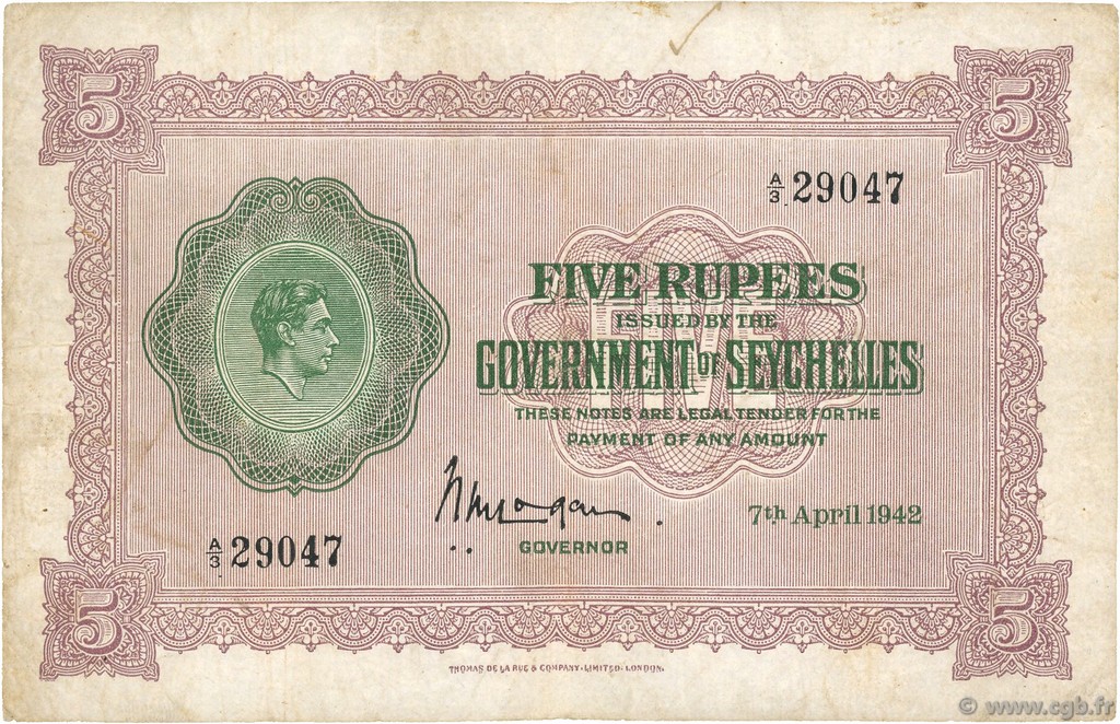 5 Rupees SEYCHELLES  1942 P.08 F