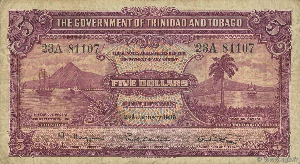 5 Dollars TRINIDAD UND TOBAGO  1939 P.07b fS