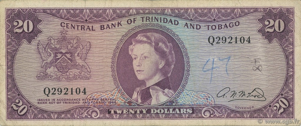 20 Dollars TRINIDAD E TOBAGO  1964 P.29b q.MB