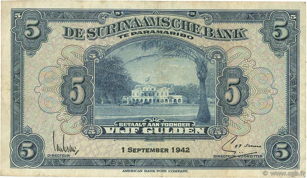 5 Gulden SURINAME  1942 P.088a q.BB