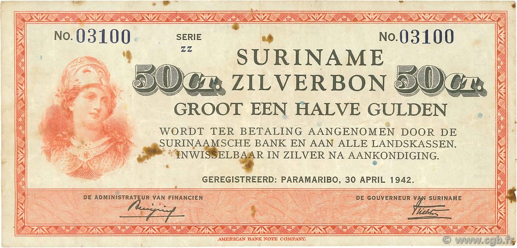 50 Cent SURINAM  1942 P.104c BC+