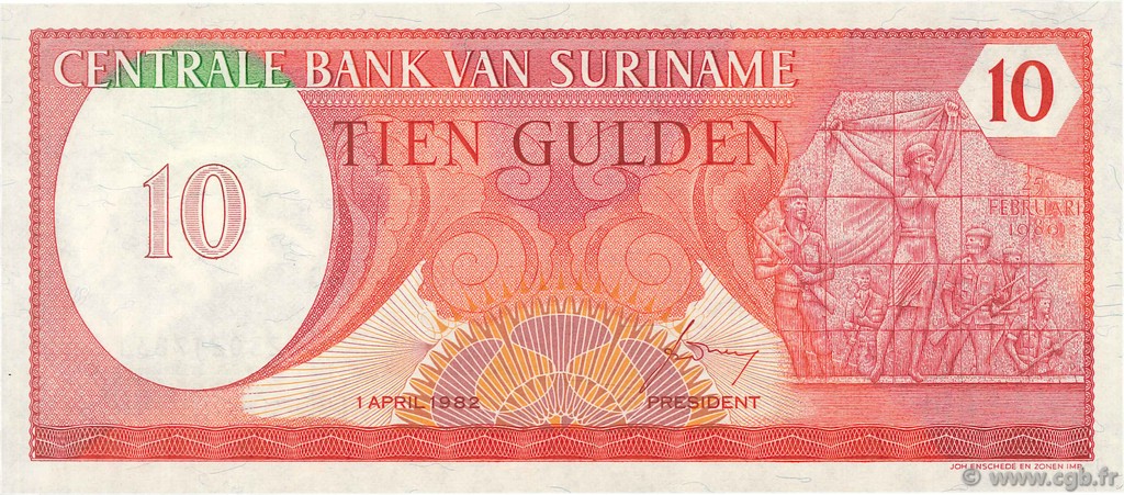 10 Gulden SURINAM  1982 P.126 UNC
