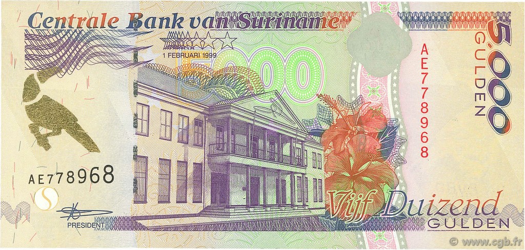 5000 Gulden SURINAM  1999 P.143b UNC-