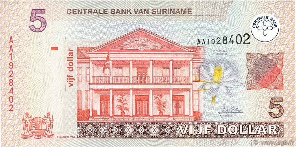 5 Dollars SURINAME  2004 P.157a FDC