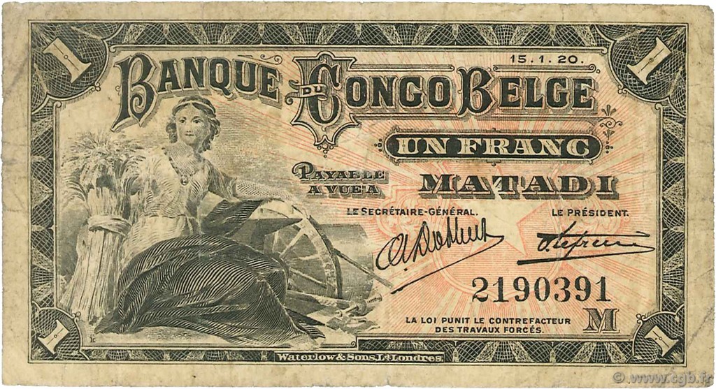 1 Franc BELGISCH-KONGO  1920 P.03B S