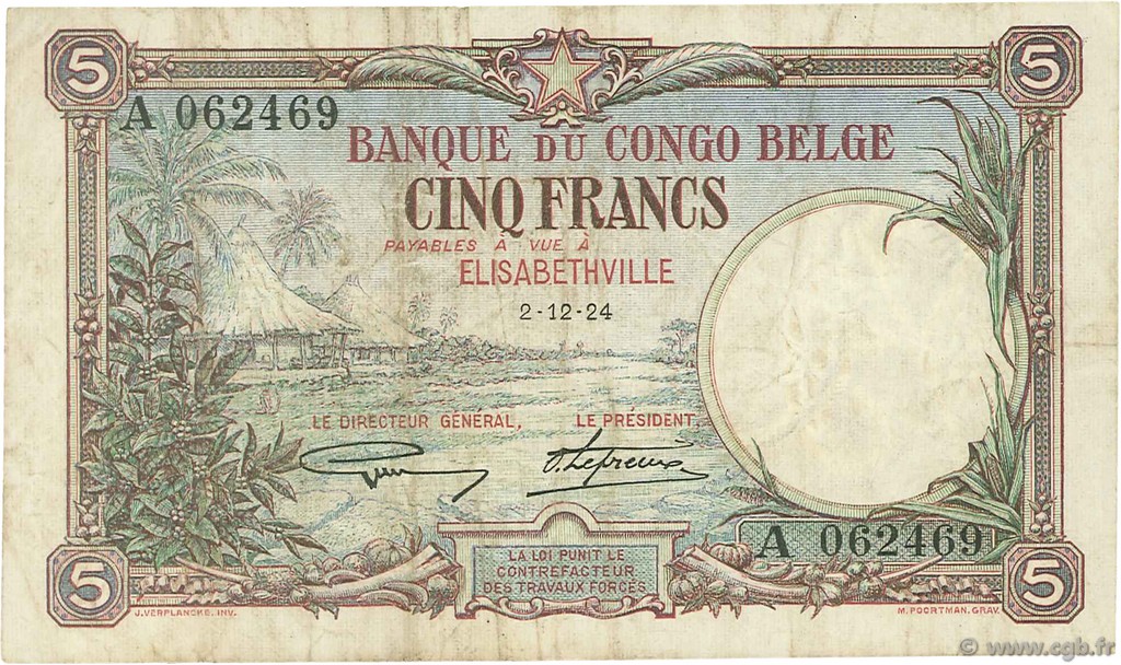5 Francs BELGISCH-KONGO  1924 P.08a S