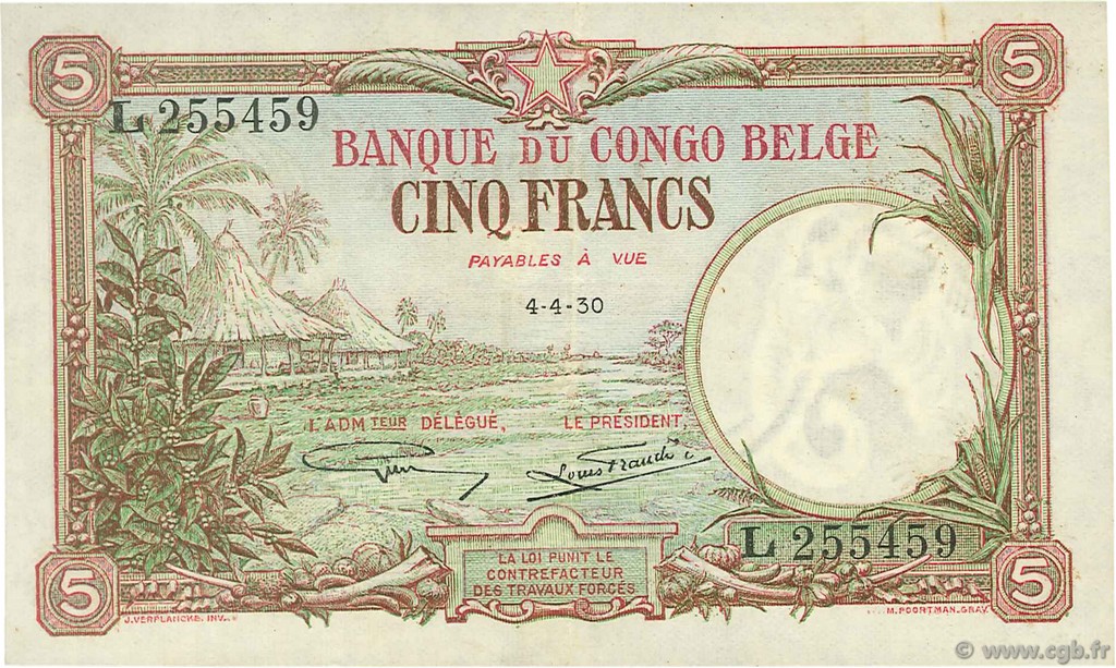 5 Francs BELGISCH-KONGO  1930 P.08e fVZ