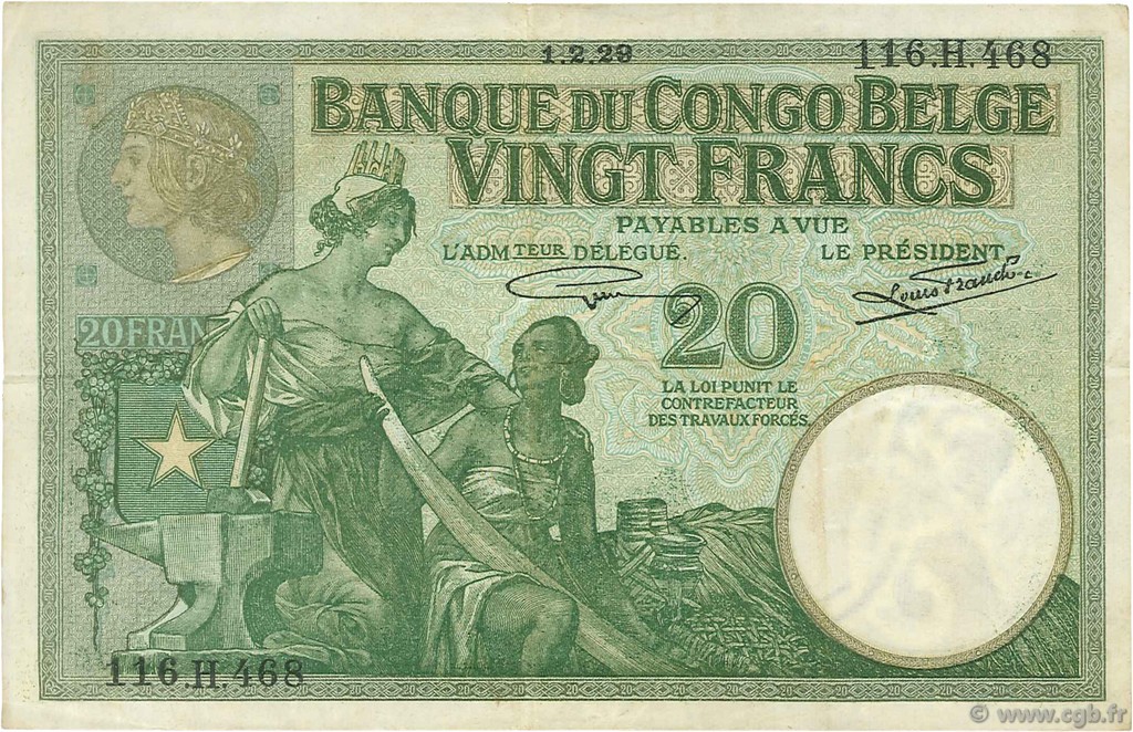 20 Francs BELGIAN CONGO  1929 P.10f VF