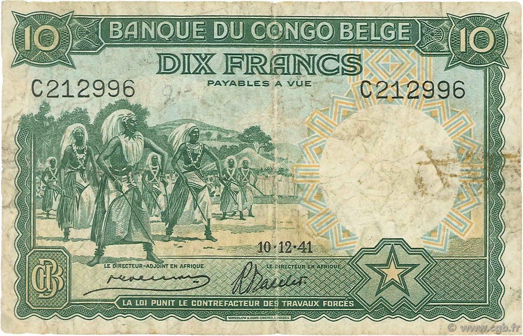 10 Francs BELGISCH-KONGO  1941 P.14 fS