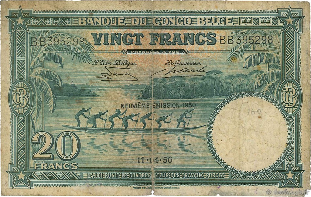 20 Francs BELGIAN CONGO  1950 P.15H VG