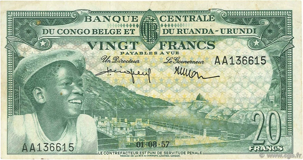 20 Francs CONGO BELGA  1957 P.31 BB