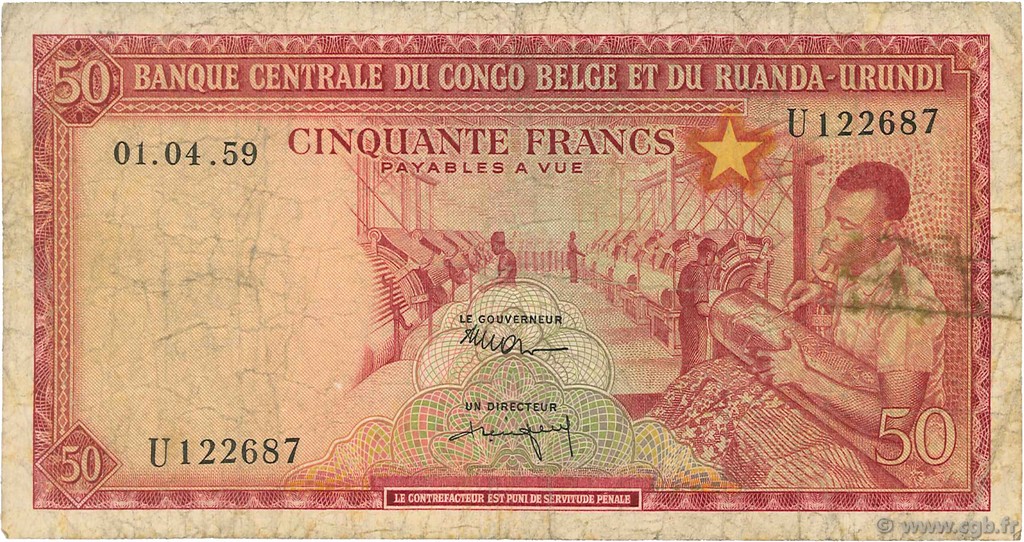 50 Francs CONGO BELGA  1959 P.32 q.MB