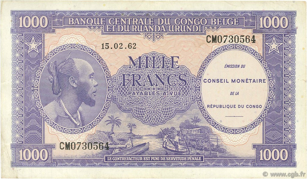 1000 Francs CONGO, DEMOCRATIC REPUBLIC  1962 P.002a VF
