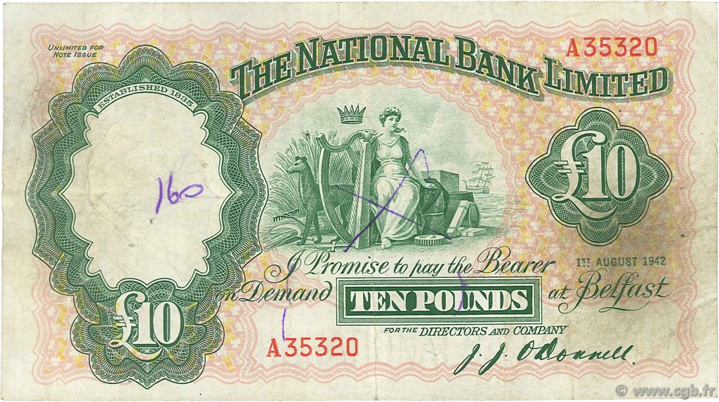 10 Pounds NORTHERN IRELAND  1942 P.160a q.BB