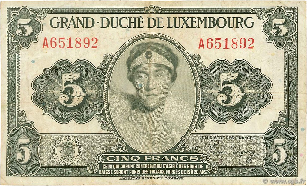 5 Francs LUSSEMBURGO  1944 P.43b q.BB
