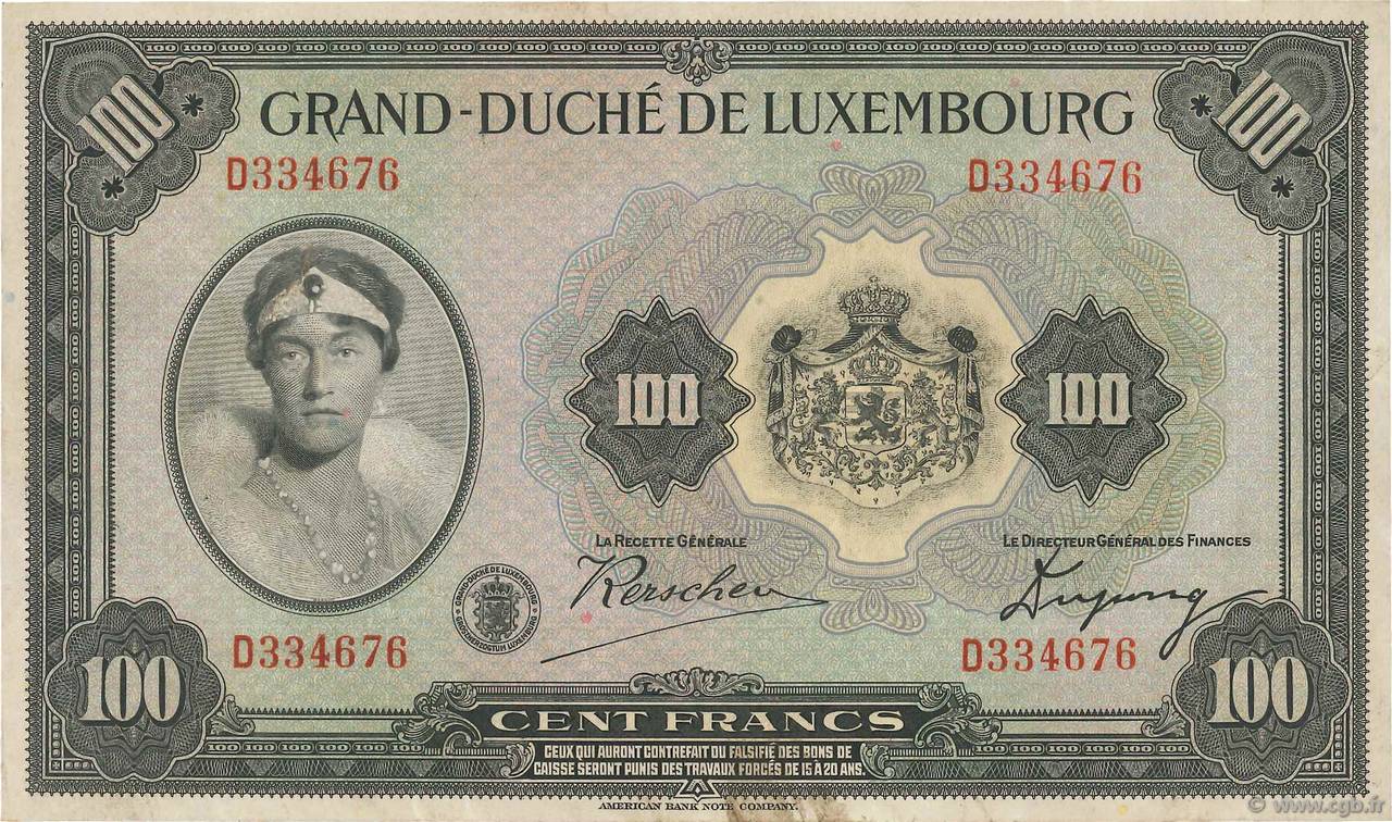 100 Francs LUSSEMBURGO  1934 P.39a BB