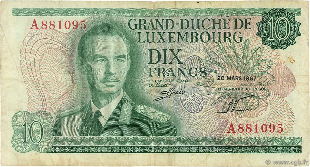 10 Francs LUSSEMBURGO  1967 P.53a q.BB