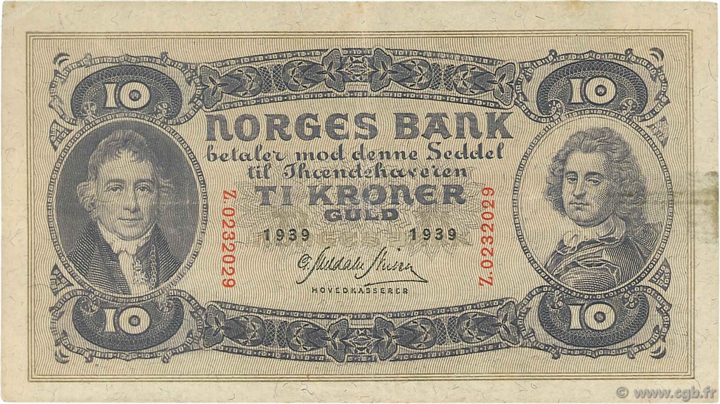 10 Kroner NORVÈGE  1939 P.08c SS