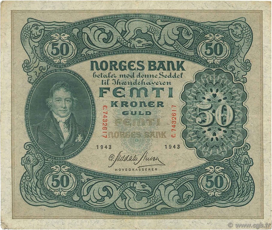 50 Kroner NORVÈGE  1943 P.09d MBC