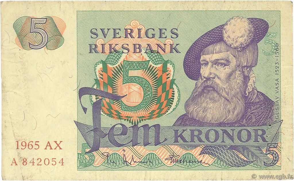 5 Kronor SWEDEN  1965 P.51a VF