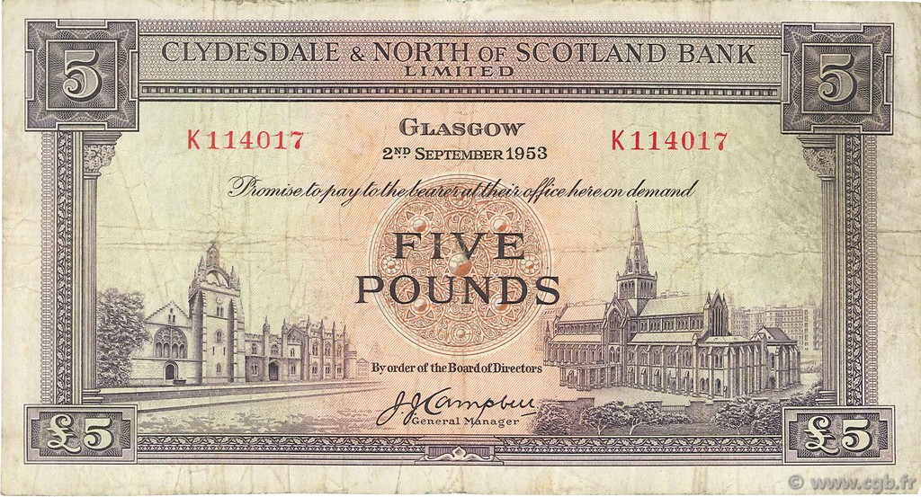5 Pounds SCOTLAND  1953 P.192a F+