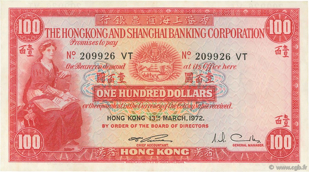 100 Dollars HONG-KONG  1972 P.183c EBC