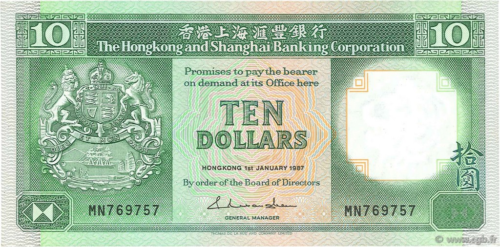 10 Dollars HONGKONG  1987 P.191a VZ+
